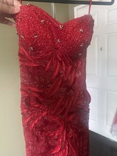 Aspeed Red Strapless Formal Evening Gown Dress with Beaded Lace Details