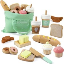 17 PCS Wooden Bakery Toy Food Playset for Kids, Pretend Picnic Play Food for ...