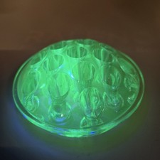 Vintage Uranium Glass Flower Frog 16 Hole 4.25" Round Tested Glows Green