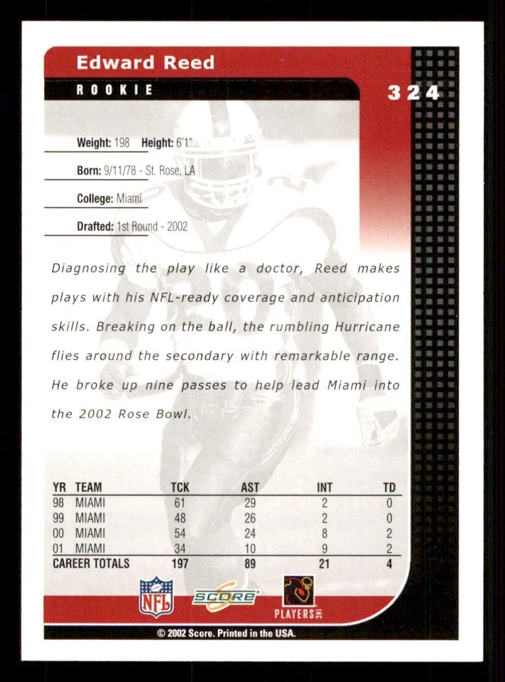 2002 Score #324 Ed Reed RC - Image 2 of 2