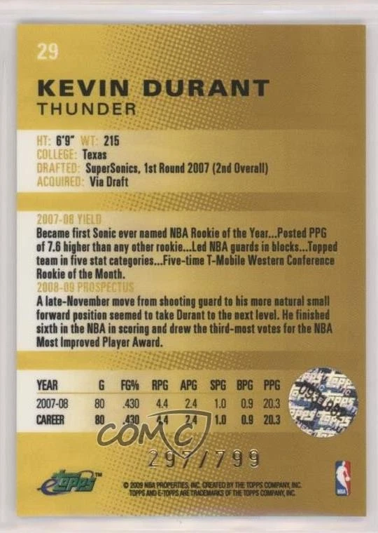 2008-09 eTopps /799 Kevin Durant #29 - Image 2 of 2
