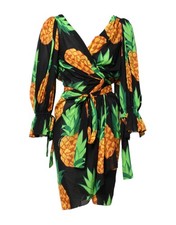 Dolce & Gabbana Black Pineapple Print Silk Wrap Mini Women's Dress Authentic