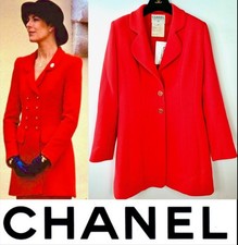 Chanel Vintage 1994 1990s Red Tweed Long Jacket 36 38 40 4 6 8 Coat Logo Top S M