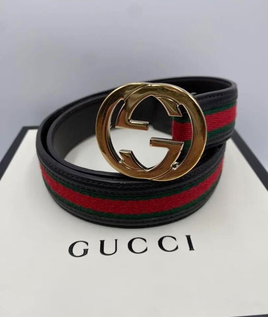 100% Authentic GG Silver Buckle Gucci Black leather belt Green/Red