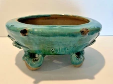 Asian Ceramic Hand Made Footed Bowl Oblong Footed Jade Green Glaze 7 1/2"