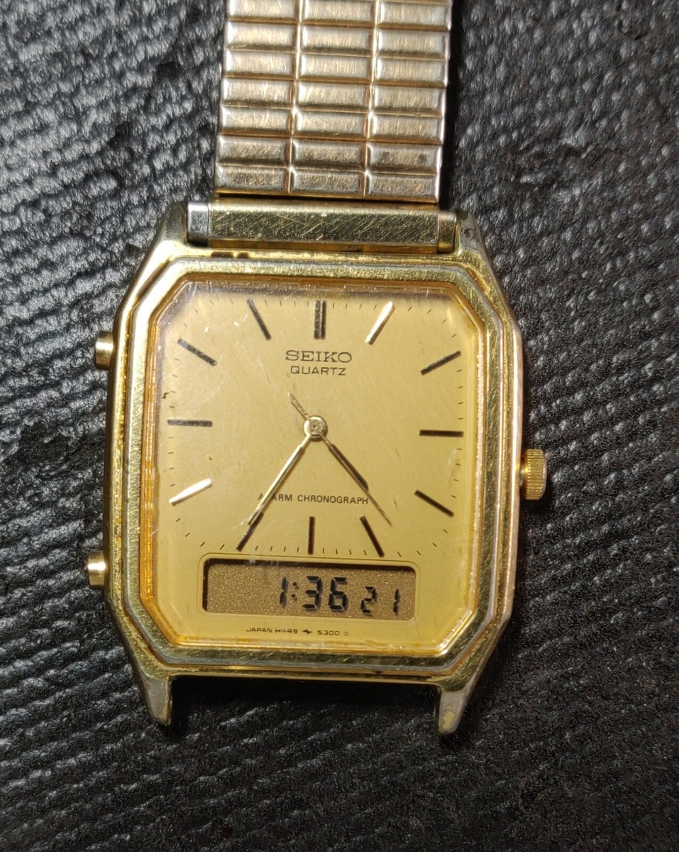 Vintage Seiko Watch Men Gold Tone Analog Digital 29mm H449-5219