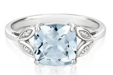 Real Aquamarine and Diamond Ring Solid White Gold Cushion Gem Size JKLMNOPQ