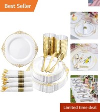 350 PCS Gold Plastic Plates Silverware Set for 50 - Perfect for Elegant Events