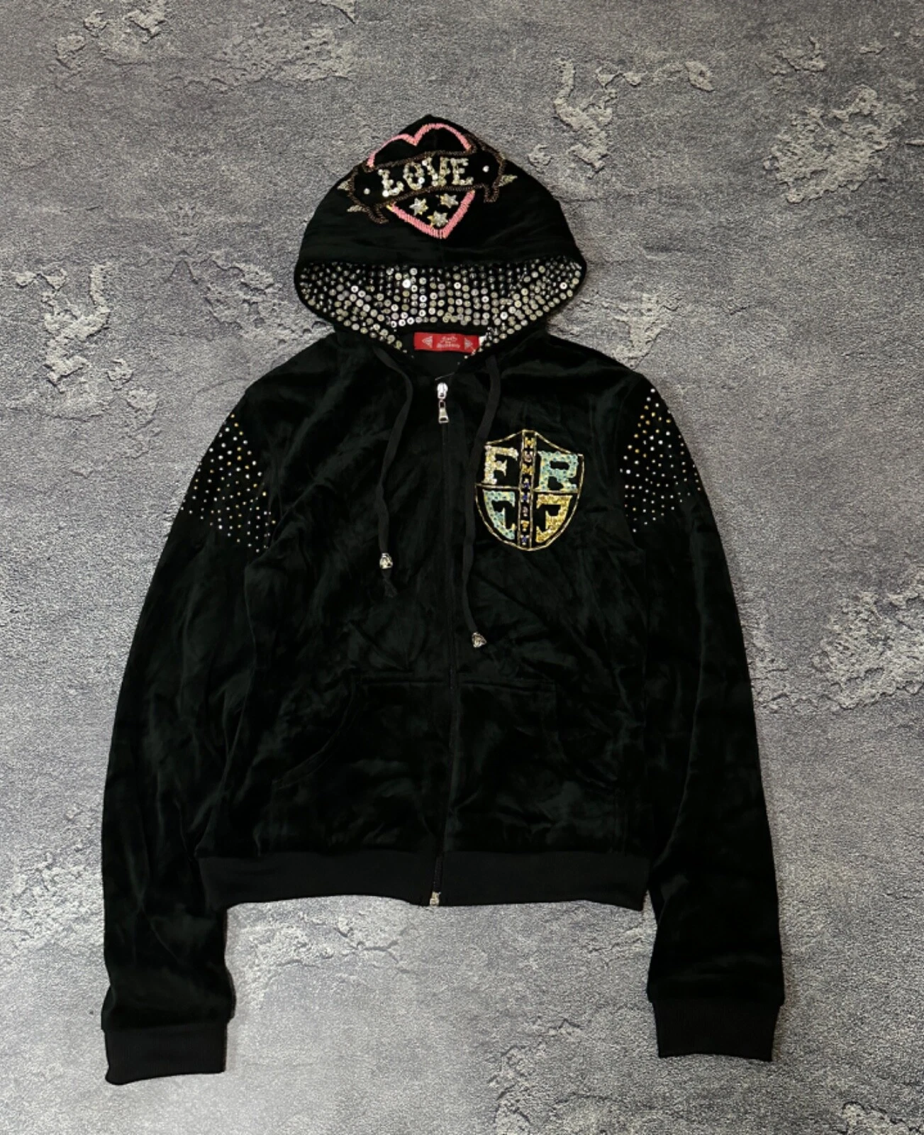 CHANEL Felpa con cappuccio zip discoteca velluto strass stile Ed Hardy vintage anni 90 Y2k stile Giappone
