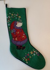 Vintage Christmas Stocking Needlepoint Santa Velvet Backing Tree Holiday Decor