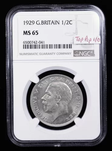 1929 GREAT BRITAIN HALF CROWN NGC MS65, TOP POP 1/0, FINEST KNOWN