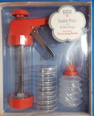 Kuhn Rikon Cookie Press with 10 Disk Designs plus bonus Decorating Bottle NEW