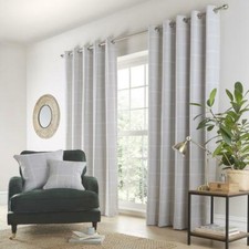 Grey check curtains modern eyelet ring top pair lined window door CLEARANCE