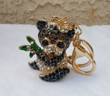 Goldtone w Crystals Enameled Keychain Keyring Handbag Bag Charm Panda Bear