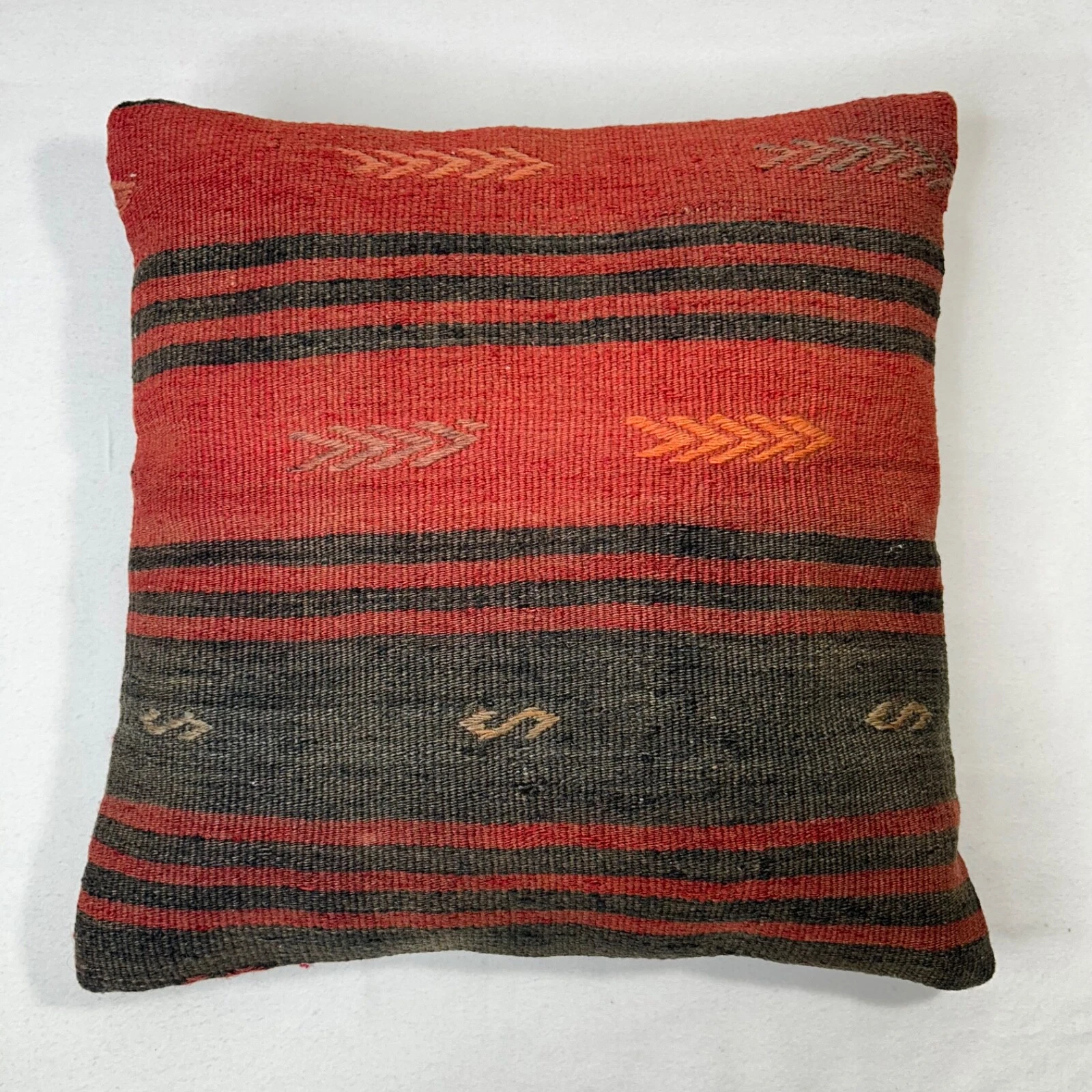 Turkish Kilim Throw Pillow 100% Feather Fill Cushion Red Brown 16x16