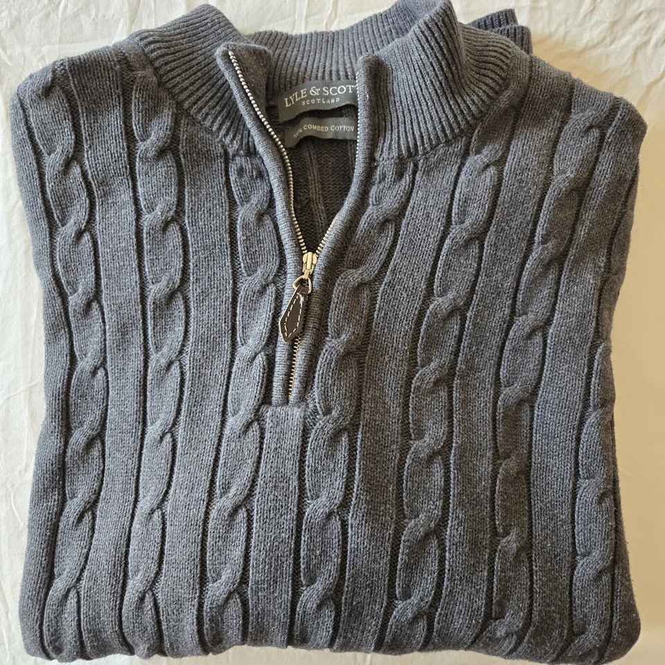 Lyle & Scott Mens 1/4 Zip Pullover Cable Knit Sweater Mens Size L Scotland Gray  - Image 3 of 4