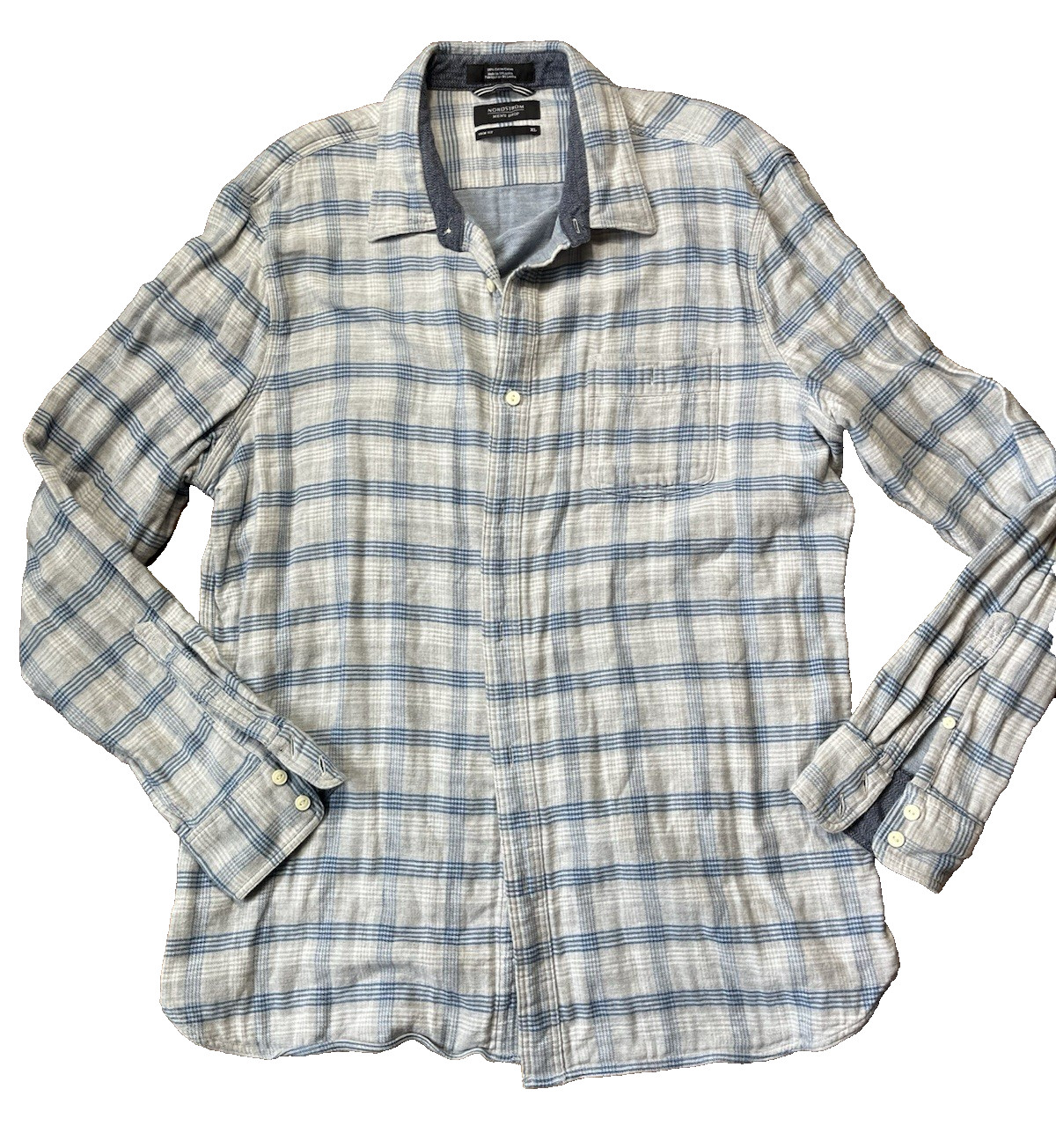 Nordstrom Mens Shop XL Plaid Button Up Shirt Blue Gray Trim Fit Cotton