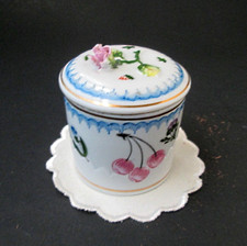 ANTIQUE MUSTARD POT JAR delicate h p florals & applied pink rose on top