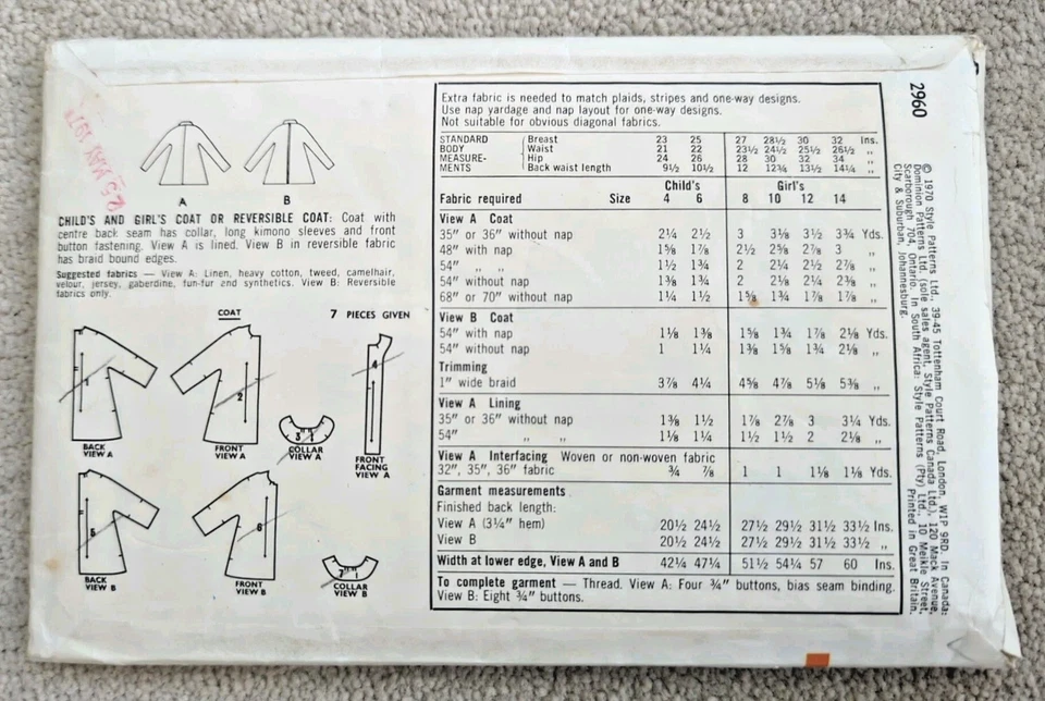 Vintage 1970s Style 2960 Girl's Reversable Coat Sewing Pattern Size 10 - Image 3 of 3