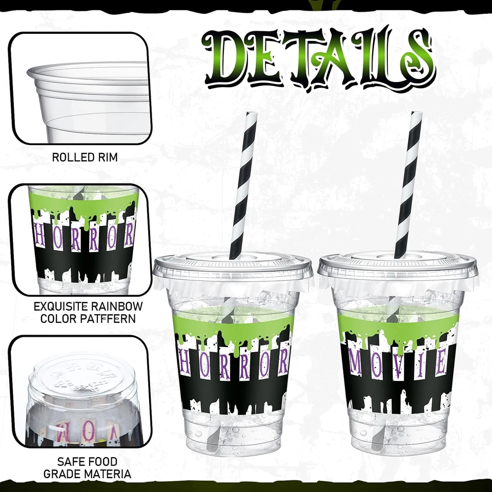 50 Pcs Halloween Disposable Plastic Cups with Lids  Straws for Parties - Image 2 of 4