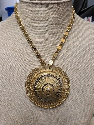 Vintage Signed MONET Brass Medallion Greek Key Starburst Necklace