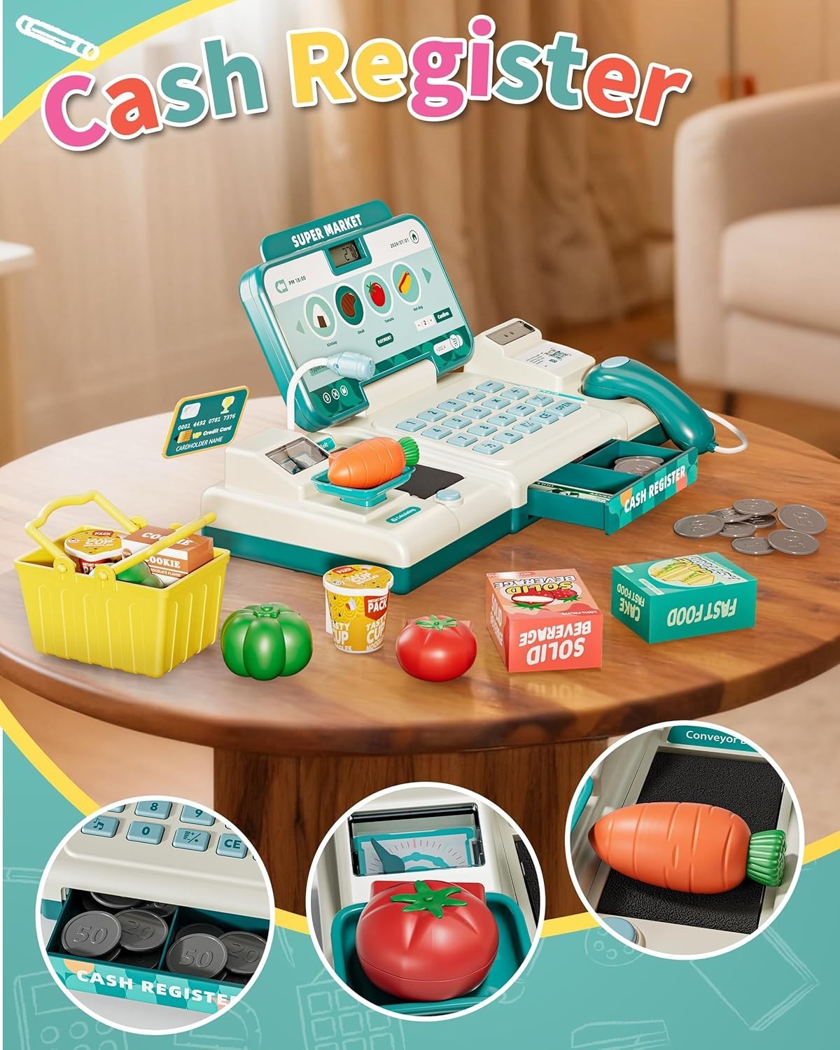 как выглядит Pretend Cash Register Toy for Kids, Play Cash Register with Real Calculator, Sca фото