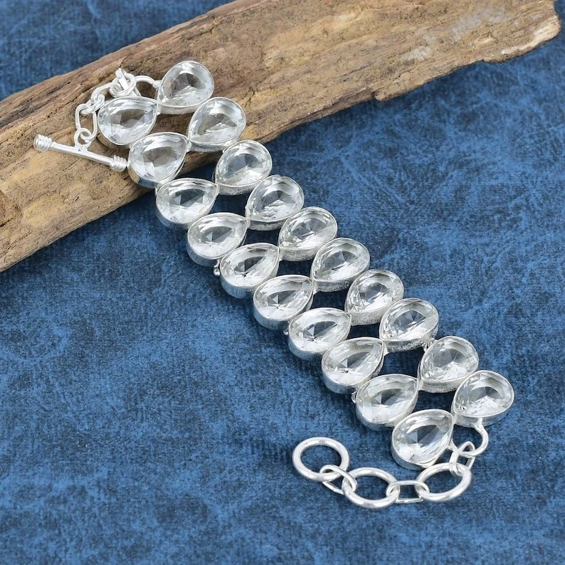 925 Sterling Silver White Topaz Gemstone Handmade Jewelry Bracelet-8" - Image 2 of 4
