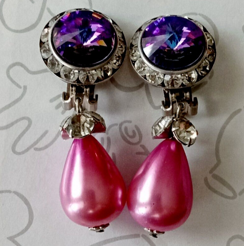 Mistar Bijoux Earrings Purple Rhinestone Pink Pearl Dangle Clip On Signed