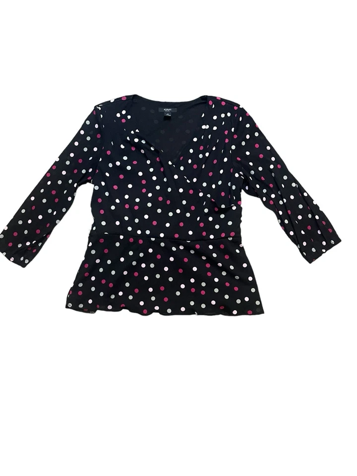 Alfani Women Medium Petite Black Pink Polka Dot Blouse Tunic Faux Wrap Pullover - Image 2 of 4