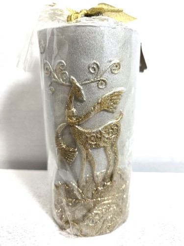 PIER 1 VTG 6" ROUND PILLAR CHRISTMASC CANDLE SILER/GOLD GLITTER-NEW - Picture 2 of 2