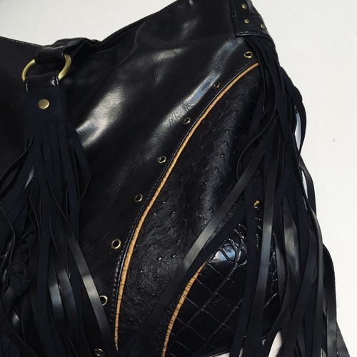 Women’s Black Large Shoulder Bag Faux Leather Tassel Boho Style - Picture 5 of 9