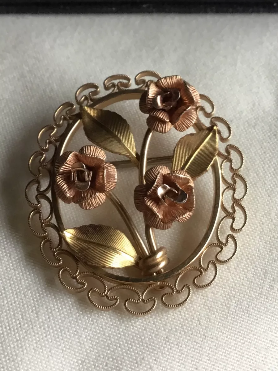Vintage Krementz Brooch Pin Gold Tone Three Roses Floral Filigree No 2