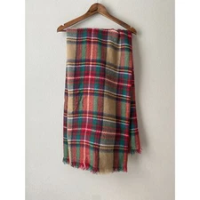 Oversized Classic Red Green Plaid Cozy Fall Blanket Scarf Fringe Trim