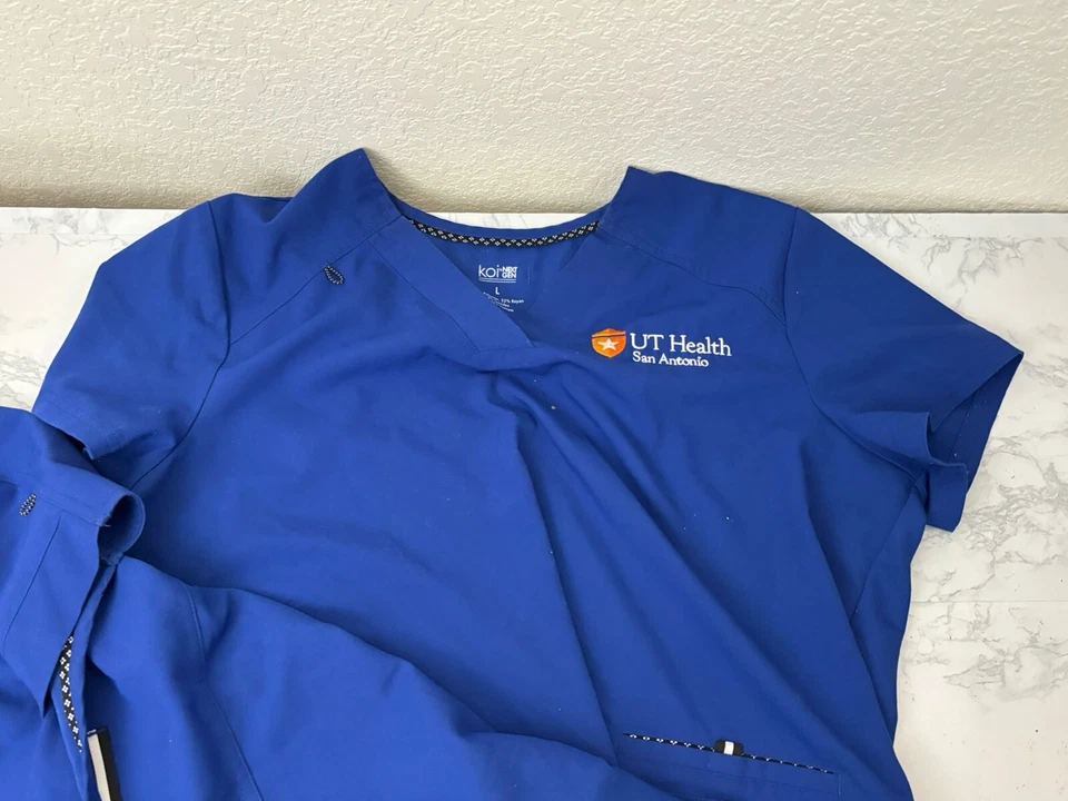 KOI Women's Scrub Top Shirt Womens L Lot Of 2 UT Health San Antonio Blue I - Image 4 of 4