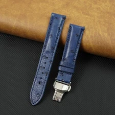 19mm Blue Ostrich Leather Watch Band Silver Deployment Buckle Handmade Men Gift