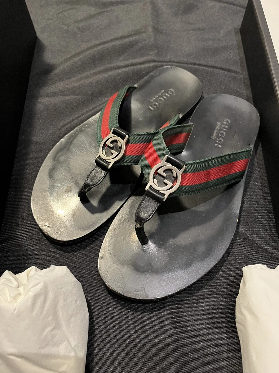 GUCCI THONG WEB FLIPFLOPS GG SIZE 6 SANDALS FLATS WOMENS BLACK SLIDES  AUTHENTIC