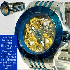 44mm Blue & Steel Bracelet | Blue Bezel | Skeleton Mechanical Invicta Mens Watch