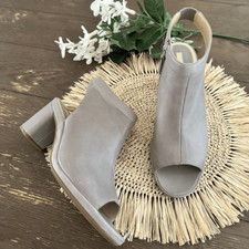 ECCO Gray Leather Peep Toe Block Heel Slingba...
