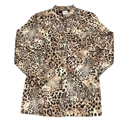Chicos Size 0 Leopard Print Cotton Button-Up Blazer Jacket Lined Pockets L/S