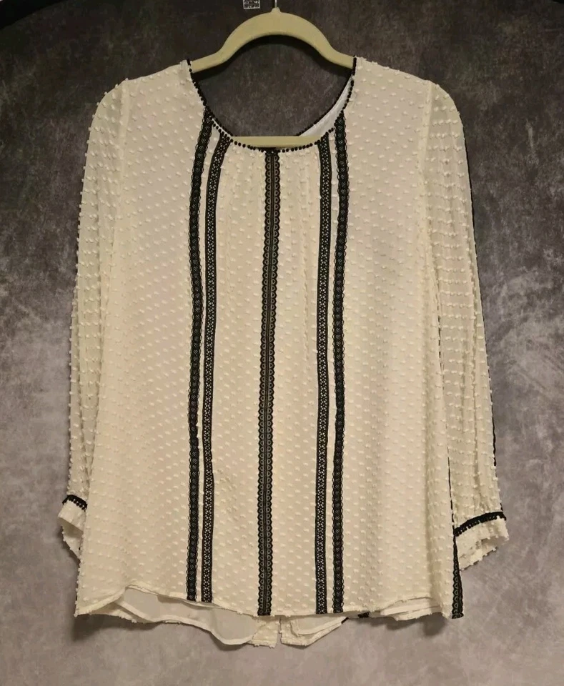 BLUSA TOP J CREW NUEVA CON ETIQUETAS MANGA LARGA SEDA CUELLO REDONDO TALLA 14 LAZO ENCAJE NEGRO MARFIL