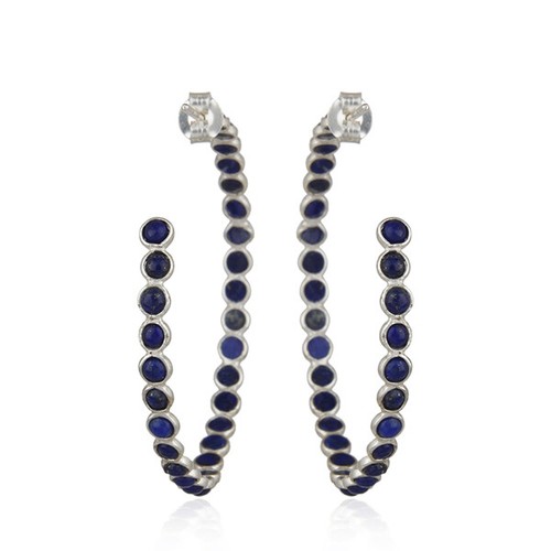 Natural Lapis Lazuli Gemstone 925 Sterling Silver Designer Hoop Earrings - Picture 3 of 5