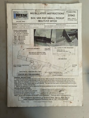 Reese TowPower Full Size Truck Multi-Fit Trailer Hitch 37096 Installation Manual