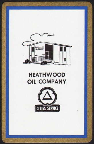 Vintage single playing card CITIES SERVICE blue border Heathwood Oil Kansas City