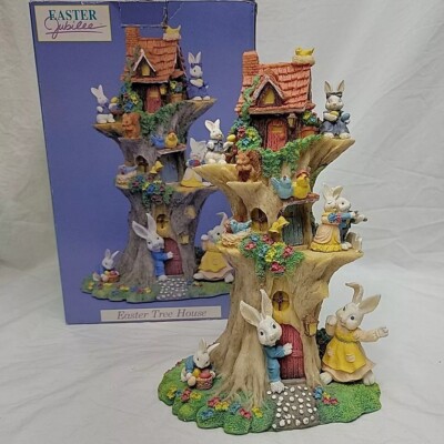 VTG. Easter Jubilee Easter Bunny Tree House Resin Sculpture 11.5  K Mart 