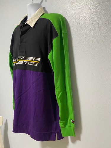 VTG y2k Tommy Hilfiger Athletics long Collared shirt 2xL Joker Green Purple XXL - Picture 5 of 18