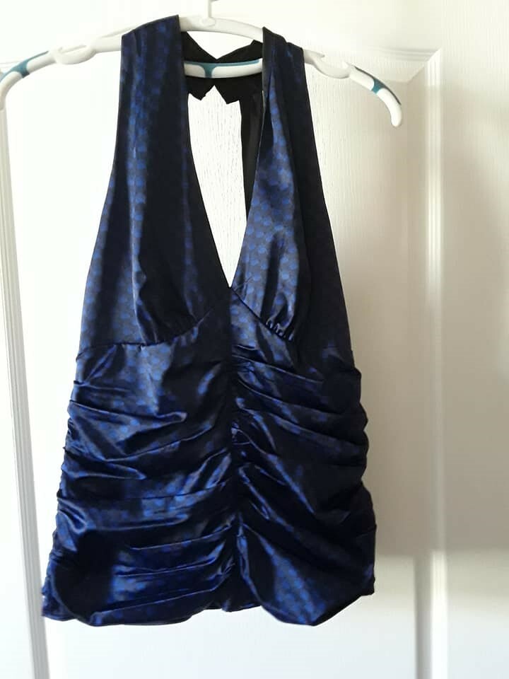 Top Femme Noir & Bleu - Taille M - Sans Manches - Effet Ruched - Parfait Sortie