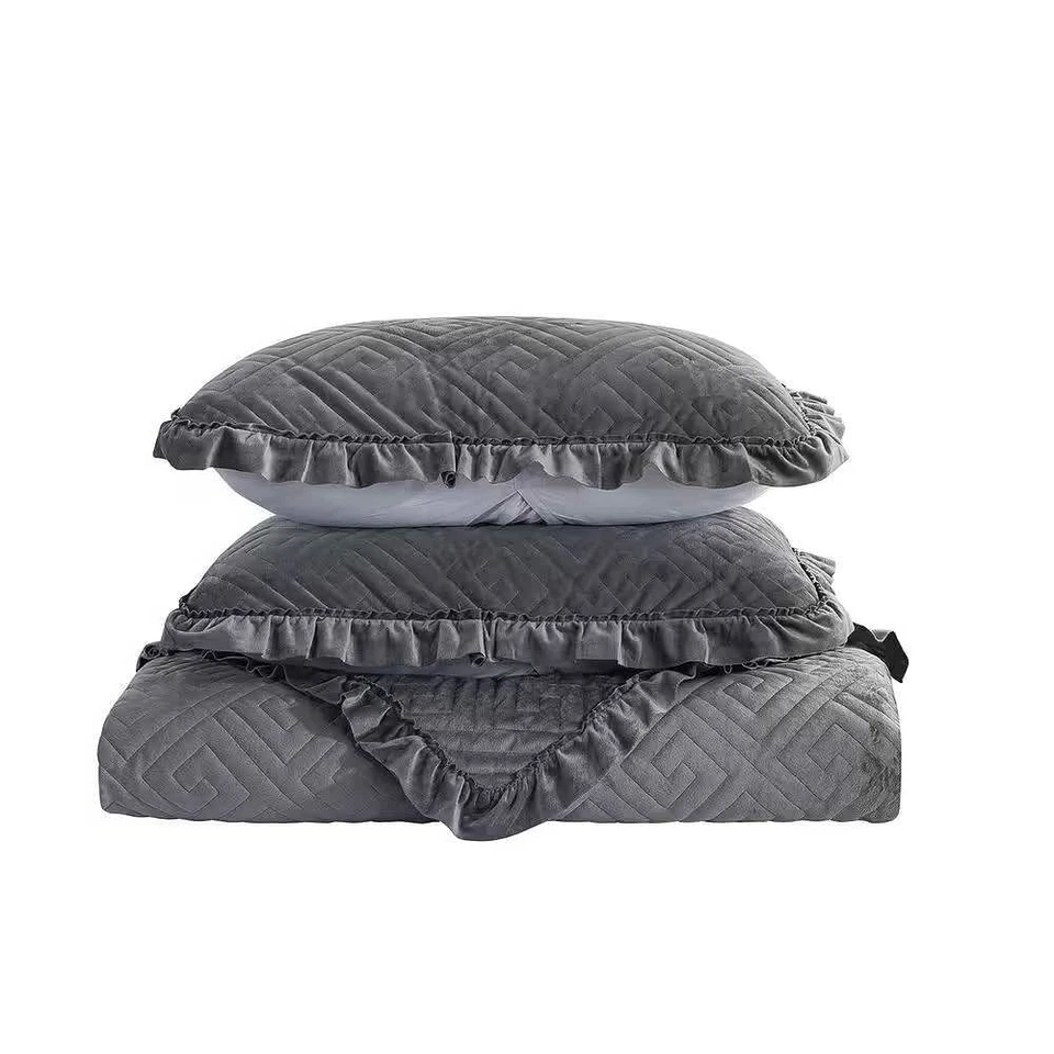 King Gray Charcoal Velvet Microfiber Polyester Reversible 3-Piece Quilt Set - Image 2 of 3