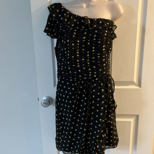 Womens Allen B Sz 16 Black & Yellow Polka Dot Ruffled One Shoulder Dress