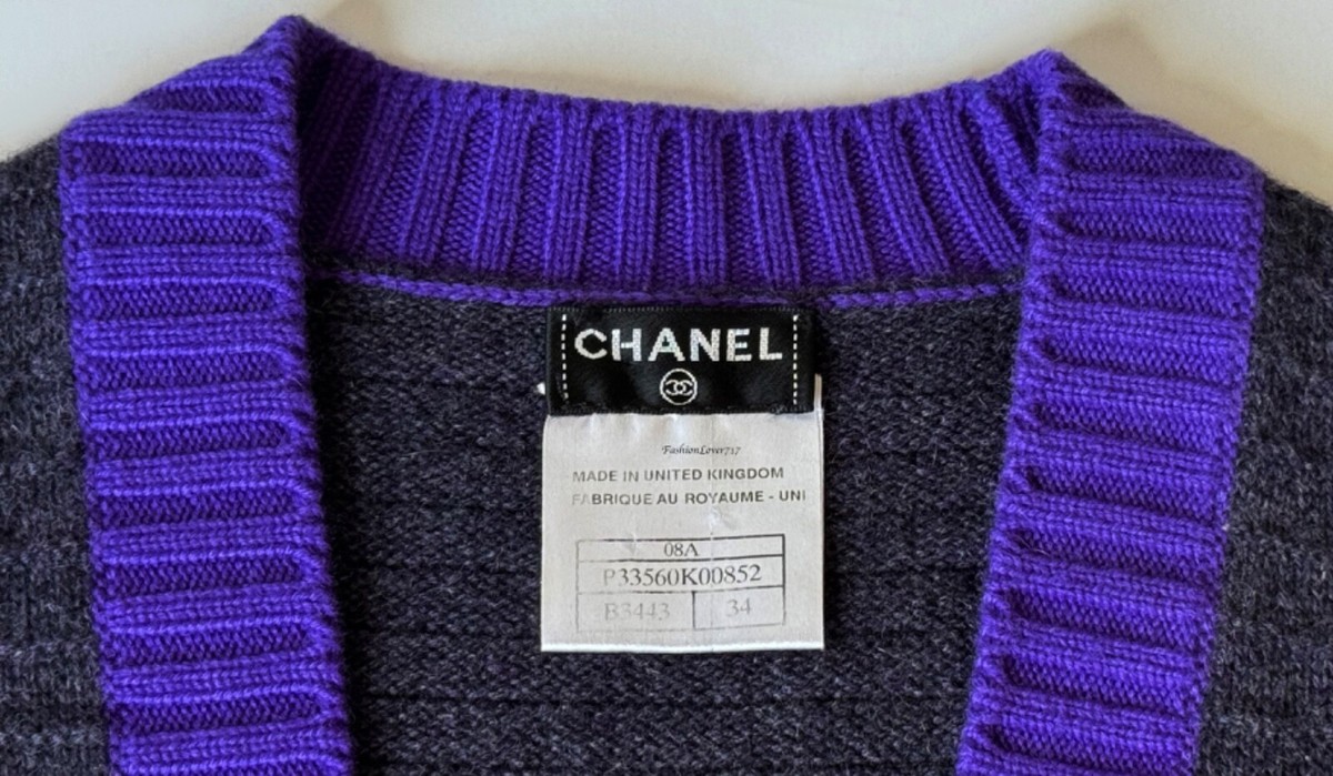 08A CHANEL GREY PURPLE CC BUTTON CASHMERE LONG CARDIGAN SWEATER 34