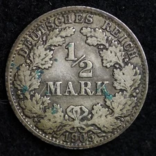 1905-A GERMAN 1/2 MARK Silver Coin .0802 ASW B064 WE